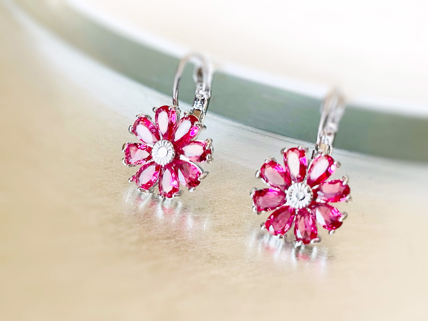 Pink tourmaline daisy dangle earrings, pink tourmaline gemstone flower earrings, October birthstone earring, gift for mom, gift for her