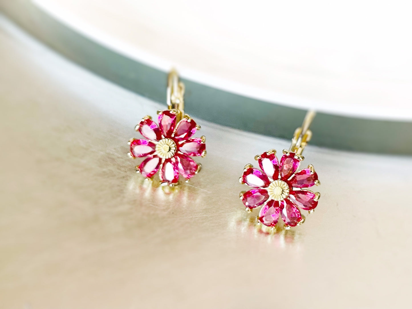 Pink tourmaline daisy dangle earrings, pink tourmaline gemstone flower earrings, October birthstone earring, gift for mom, gift for her