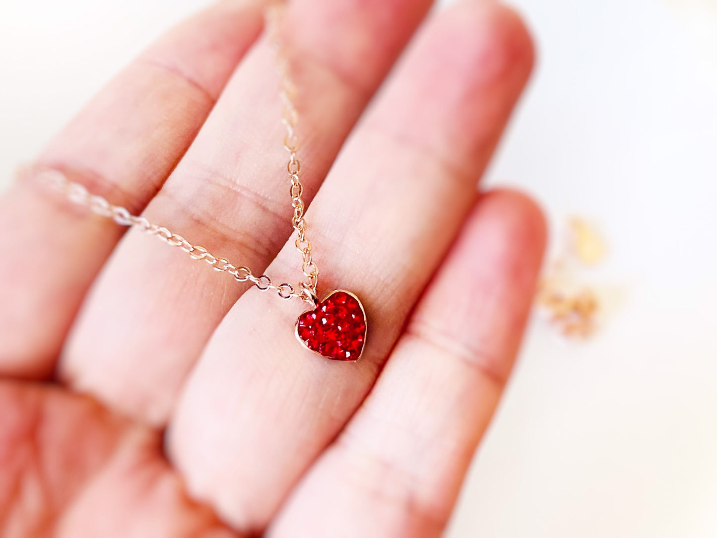 Small Red Druzy Heart Pendant Necklace, Sterling Silver Dainty red Heart Necklace, Gift for Women, Valentines Gift