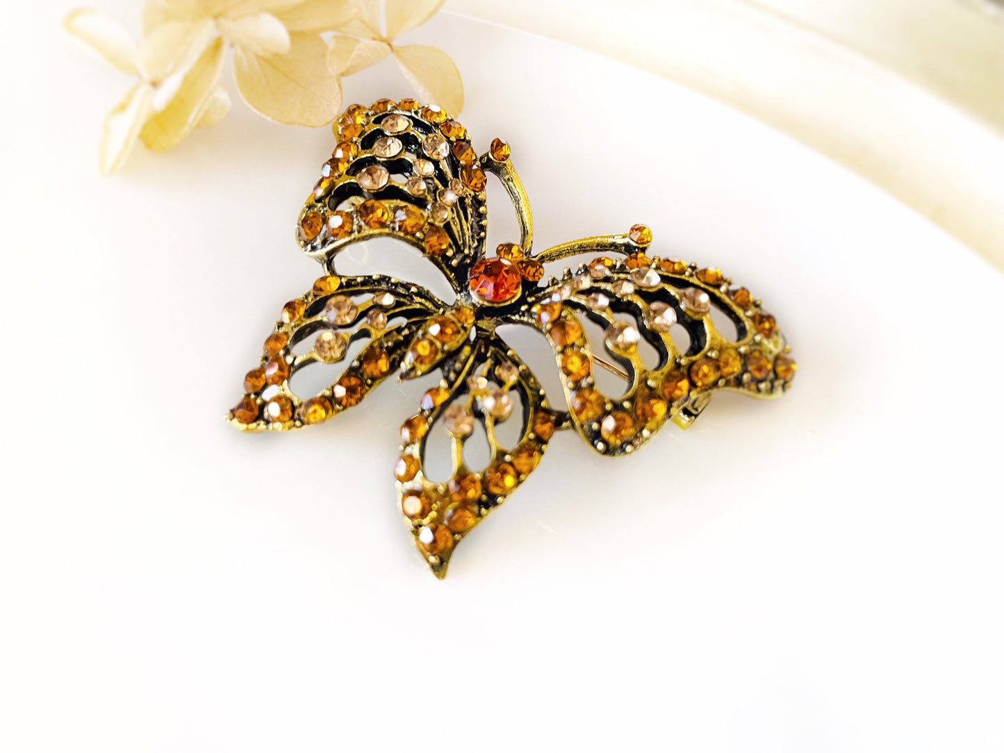 Topaz crystal Butterfly brooch antique gold, brown Crystal butterfly brooch pin, vintage inspired brooch, gift for mom