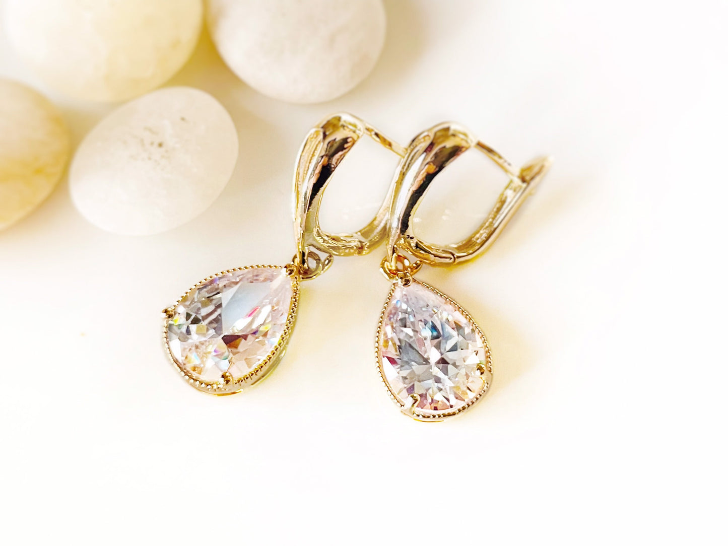 White sapphire teardrop earring, April birthstones, large white gemstone earrings, gift for  mom, bridal party earrings