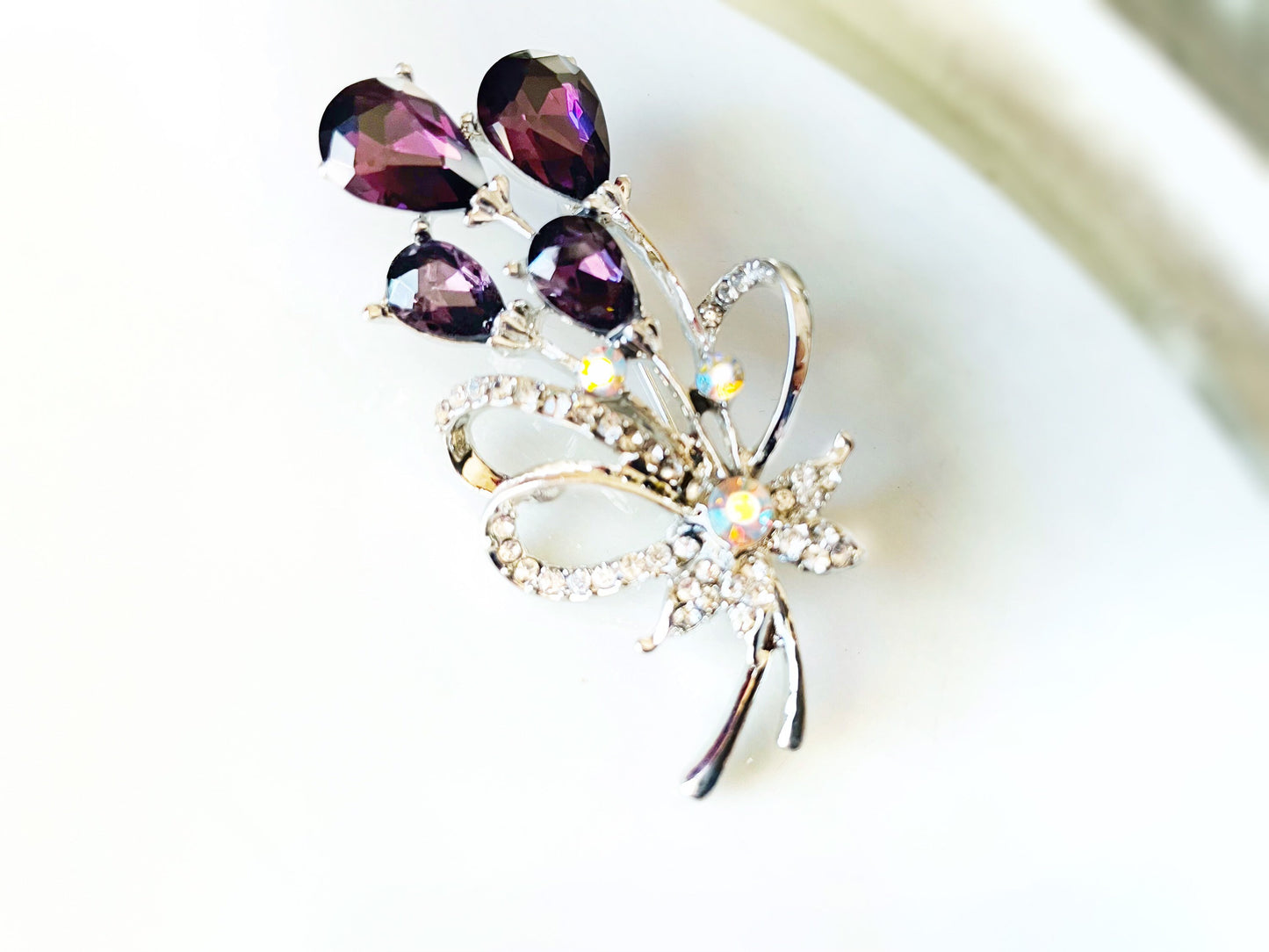 Amethyst crystal  bouquet brooch, purple crystal floral lapel pin