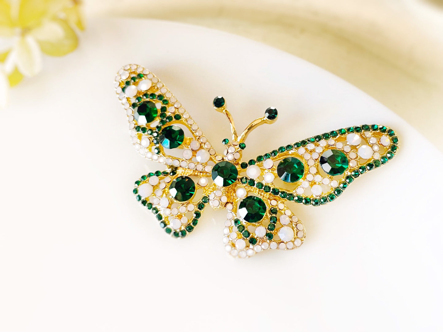 Large emerald crystal butterfly brooch gold, green white crystal butterfly pin, gift for her, gift for mom