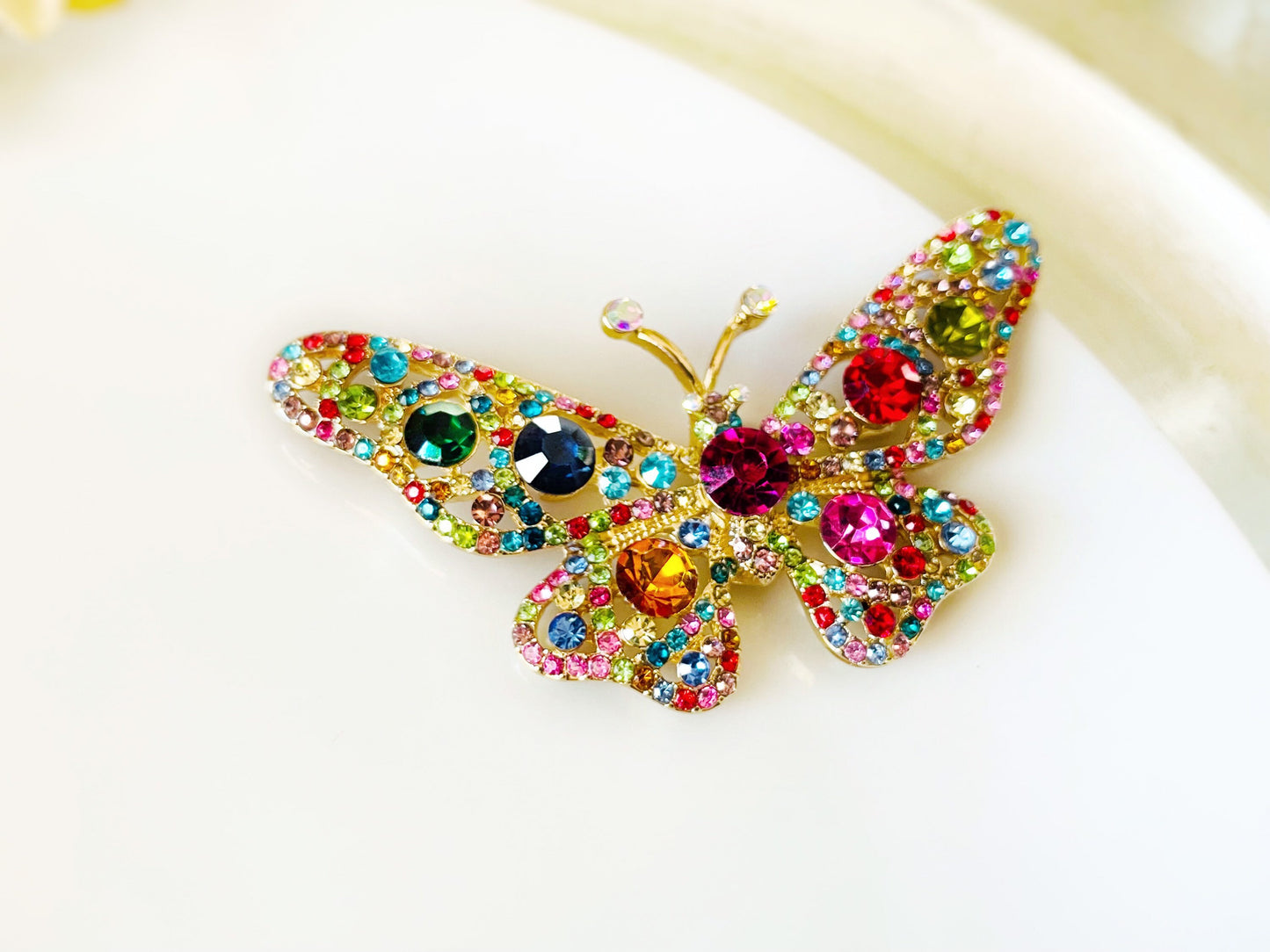 Large emerald crystal butterfly brooch gold, green white crystal butterfly pin, gift for her, gift for mom