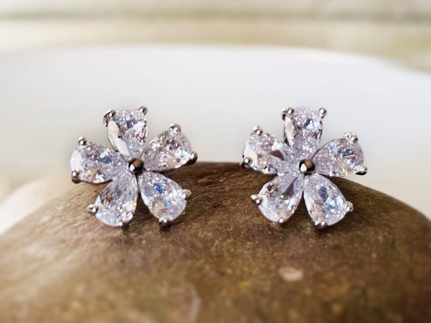 Flower earring studs, white sapphire flower earrings, bridal earrings, gift for her, gift for mom, April birthstone