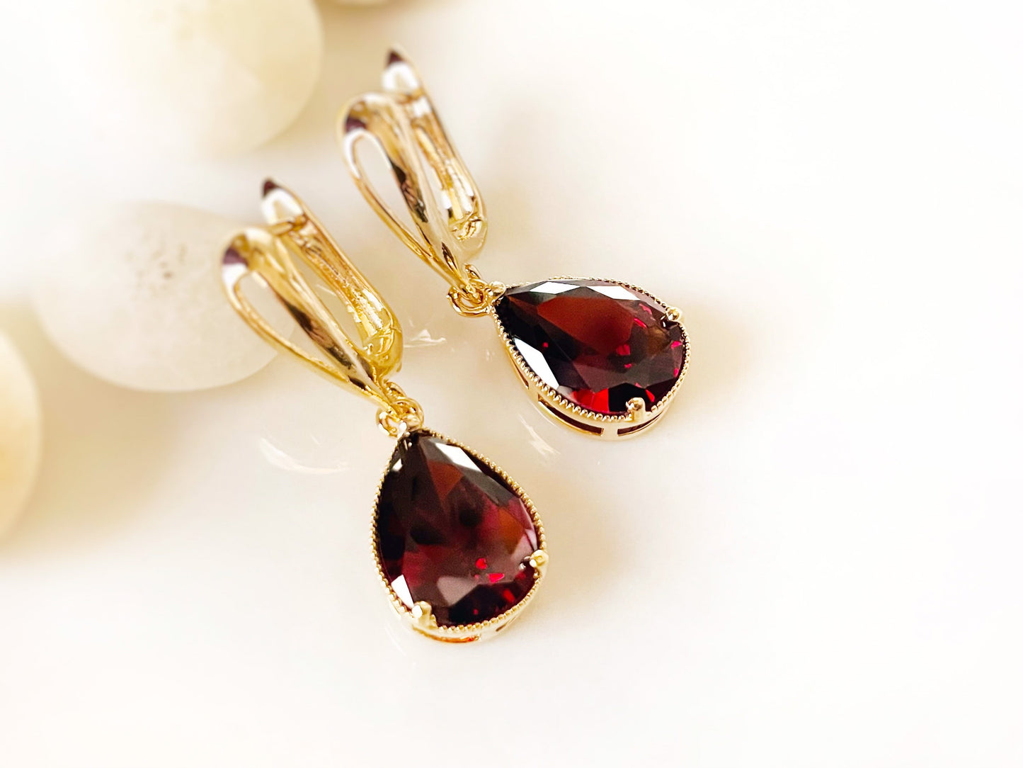 Garnet teardrop dangle earrings, large teardrop dark red gemstone earrings, red statement drop, gift for her, gift for mom, January birthday