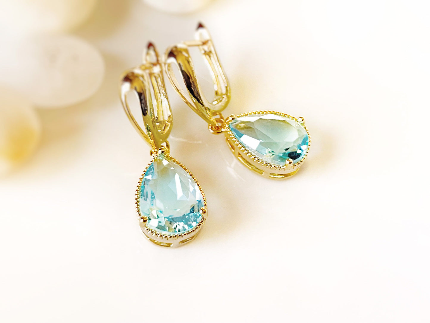 Aquamarine dangle earrings, large teardrop light blue gemstone earrings, gift for  mom, gift for her, March birthstone, bridesmaids earrings