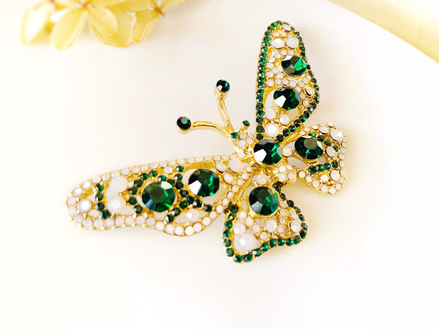 Large emerald crystal butterfly brooch gold, green white crystal butterfly pin, gift for her, gift for mom