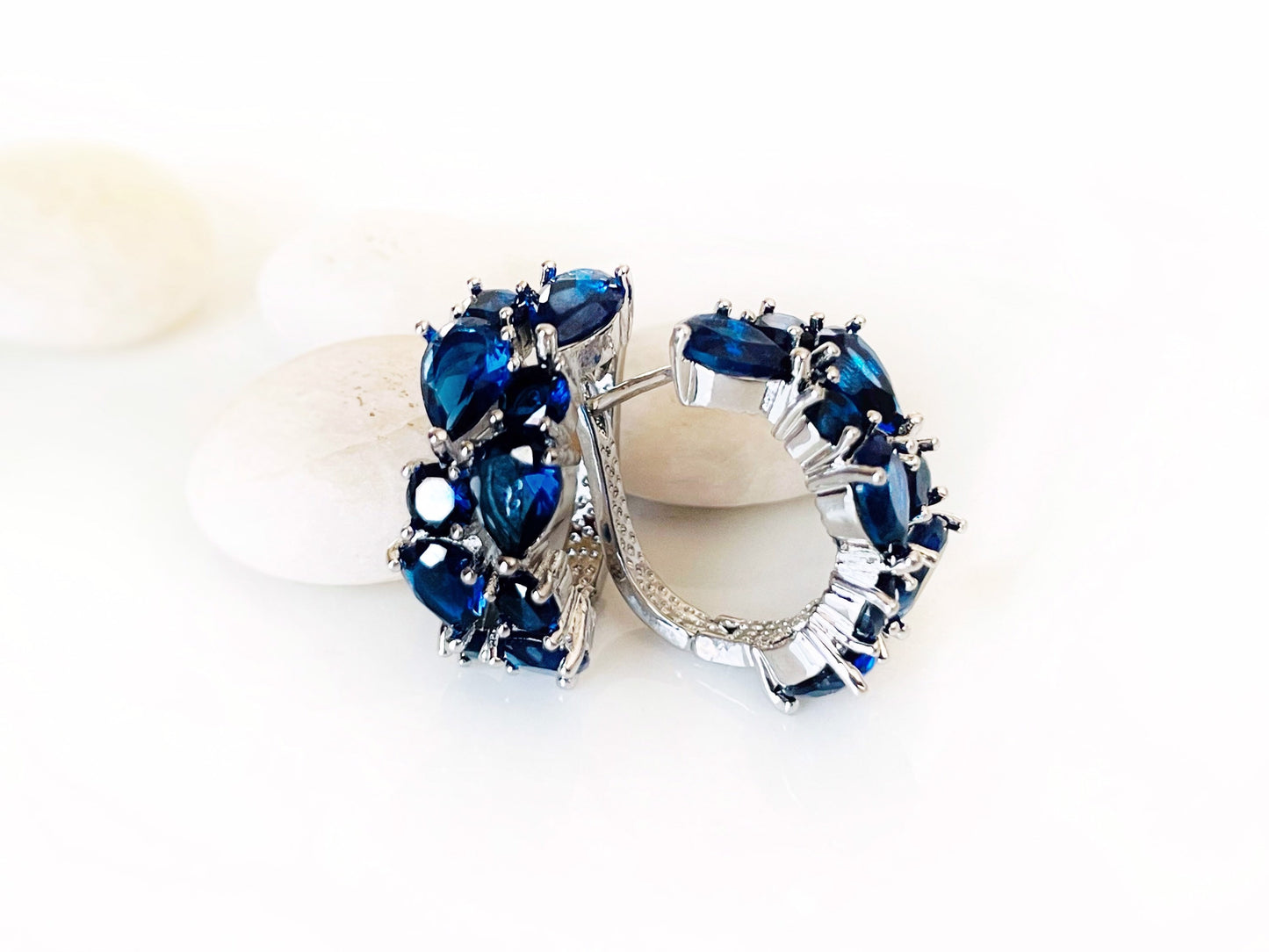 Blue white sapphire statement hoop earrings, blue white gemstone large cluster hoops, September birthstone, gift for mom, gift for her
