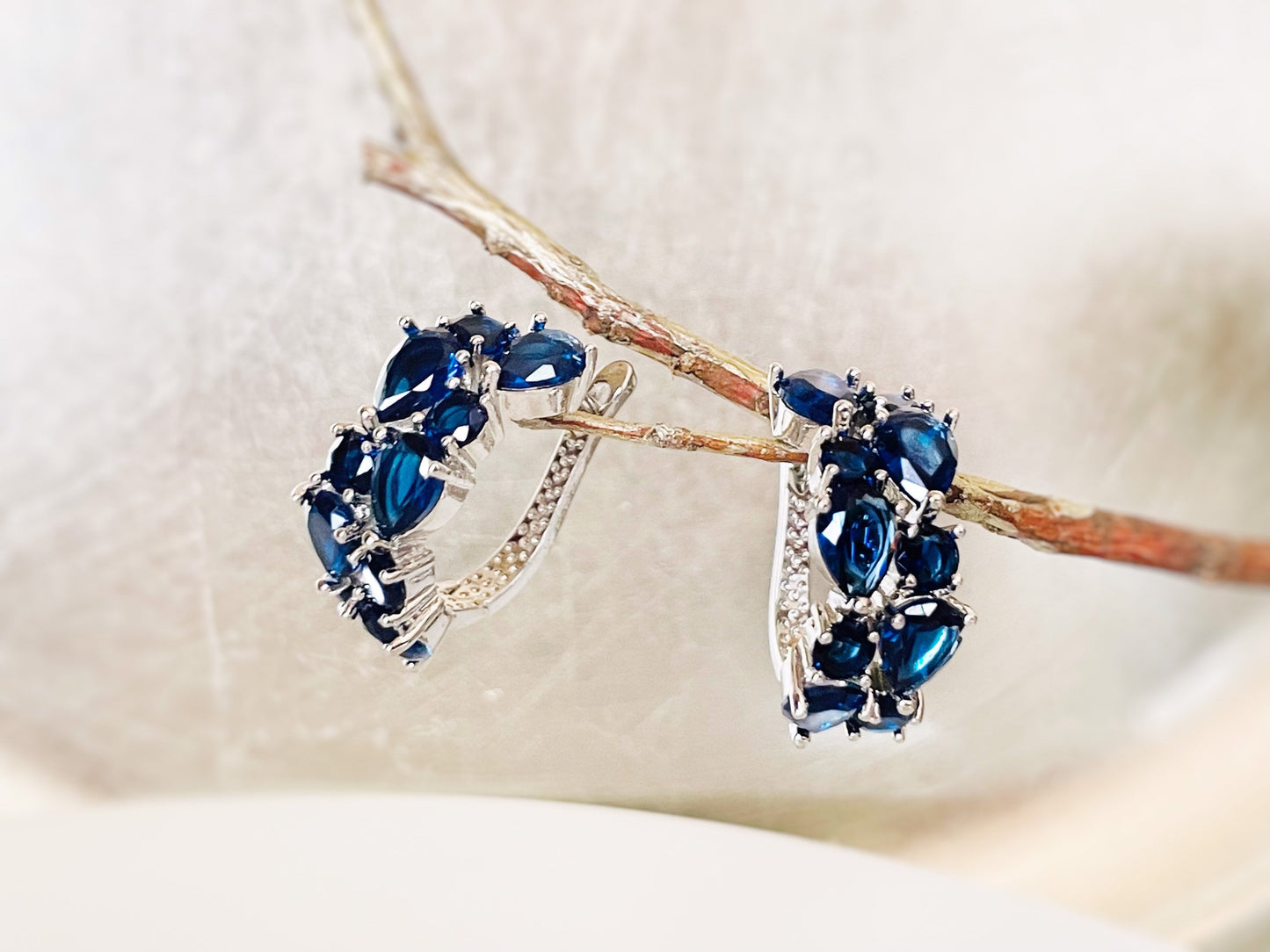 Blue white sapphire statement hoop earrings, blue white gemstone large cluster hoops, September birthstone, gift for mom, gift for her