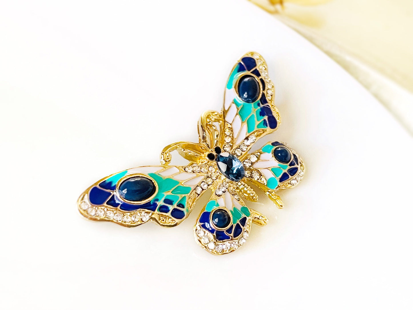 Blue crystal enamel butterfly brooch pin, wedding bouquet brooch. Gift for her, gift for mom