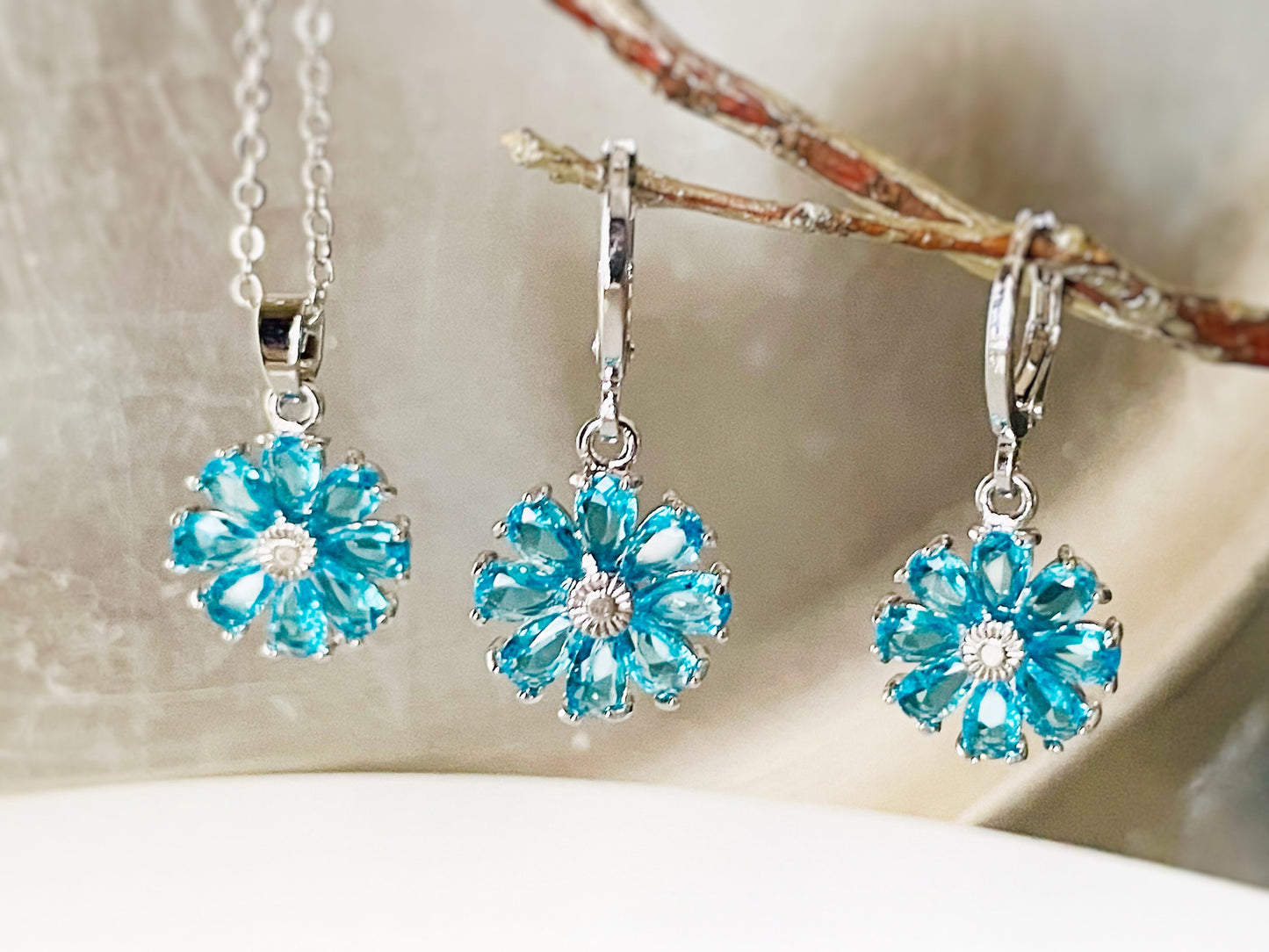 Blue topaz daisy 2pc jewelry set, blue gemstone flower dangle earrings, blue topaz earring necklace gift set, December birthstone gift