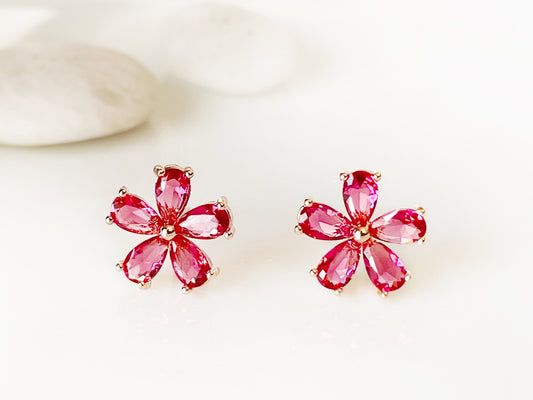 Small pink tourmaline flower stud earrings in rose gold, pink gemstone flower studs, gift for her, gift for girls, October birthstone