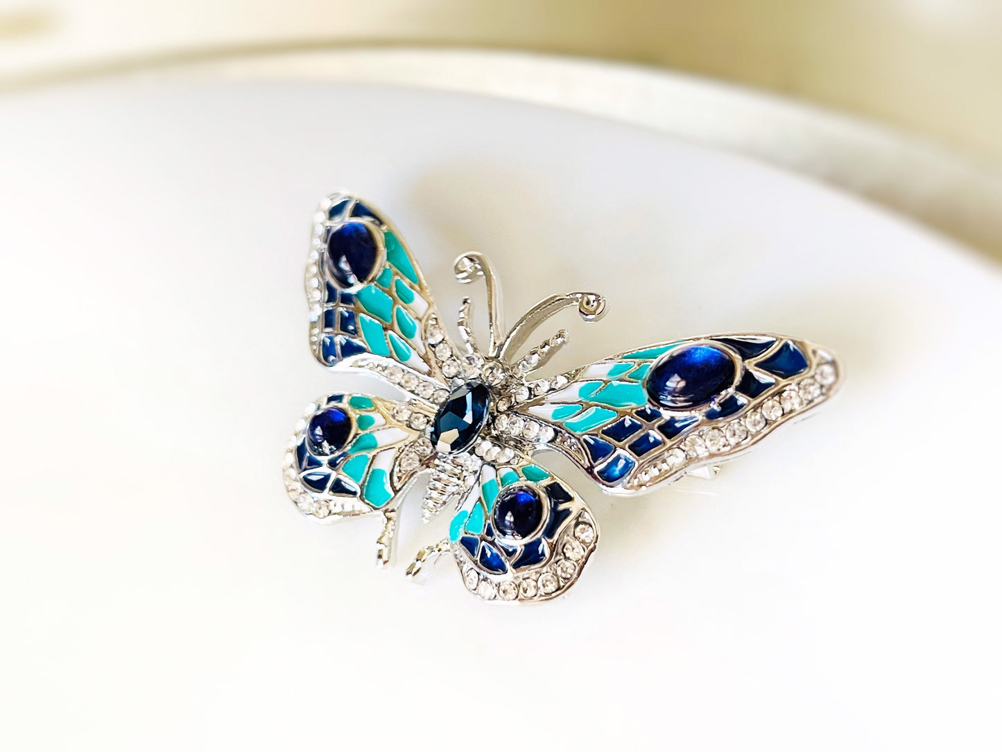 Blue crystal enamel butterfly brooch pin, wedding bouquet brooch. Gift for her, gift for mom