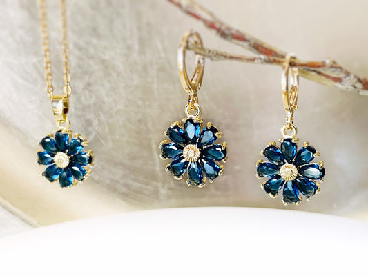 Daisy sapphire 2pc jewelry set, blue gemstone flower drop earrings, September birthstone, gift for mom, gift for her
