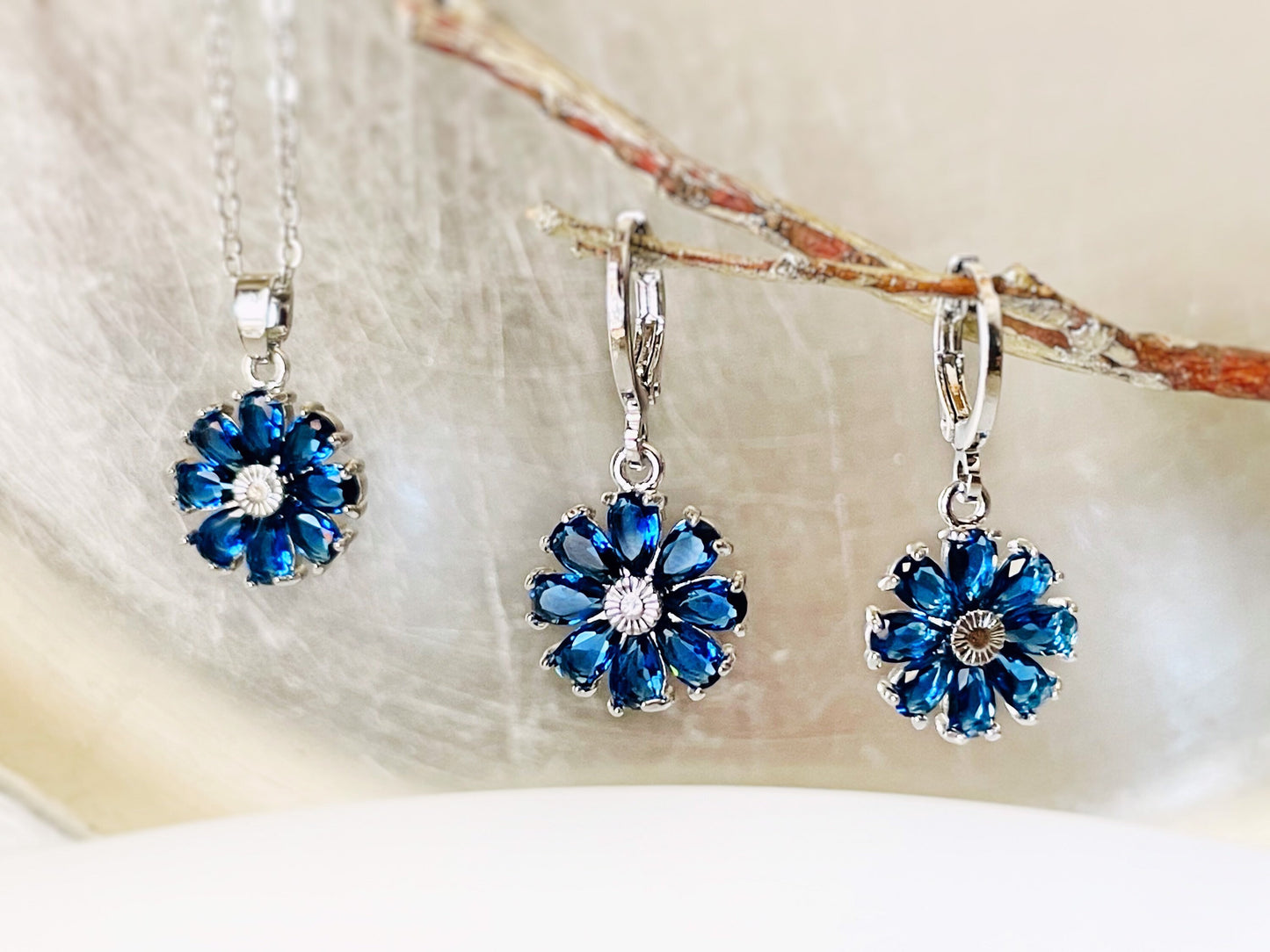 Daisy sapphire 2pc jewelry set, blue gemstone flower drop earrings, September birthstone, gift for mom, gift for her