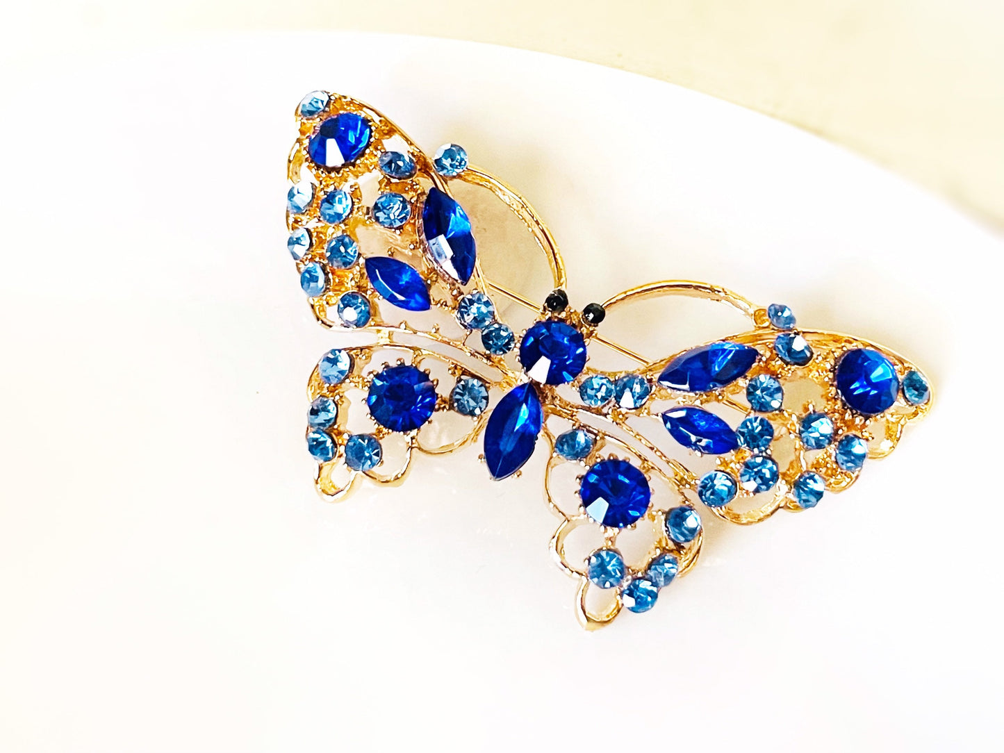 Royal blue crystal butterfly brooch pin gold, large blue crystal butterfly statement brooch, gift for her, gift for mom