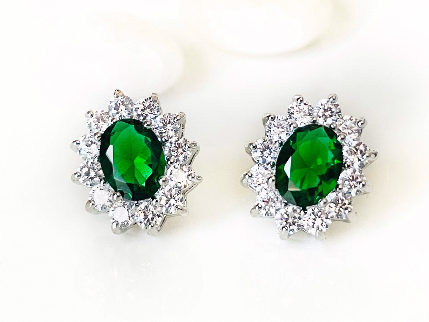 Emerald halo stud earrings, green oval gemstone stud earrings, gift for her, gift for mom, May birthstone earrings, green classic earrings