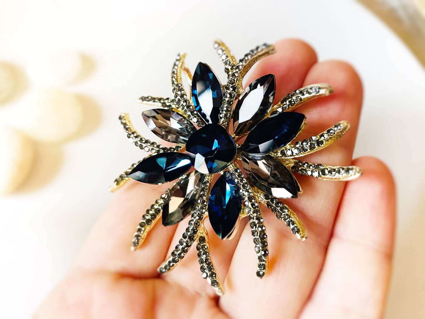 Starburst crystal  brooch pendant, blue grey crystal statement brooch, large sapphire blue grey crystal brooch, gift for mom