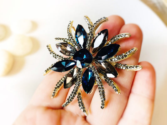 Starburst crystal  brooch pendant, blue grey crystal statement brooch, large sapphire blue grey crystal brooch, gift for mom