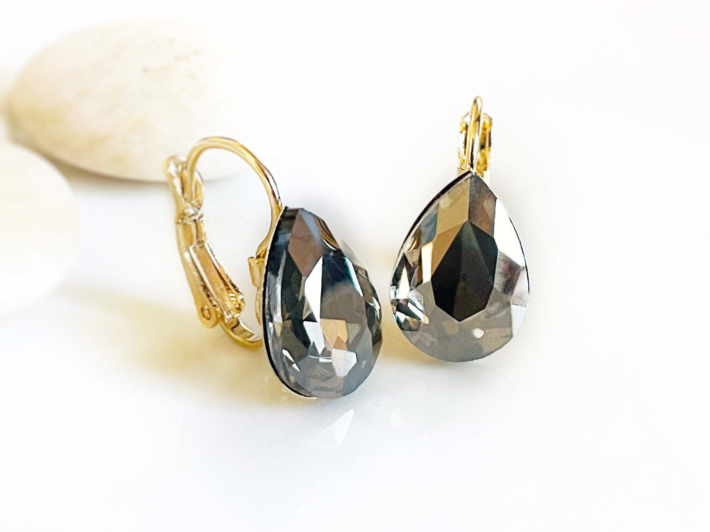 Black Diamond fancy crystal leverback stud earrings, teardrop crystal studs, black solitaire stud lever backs, gift for mom, bridal earrings