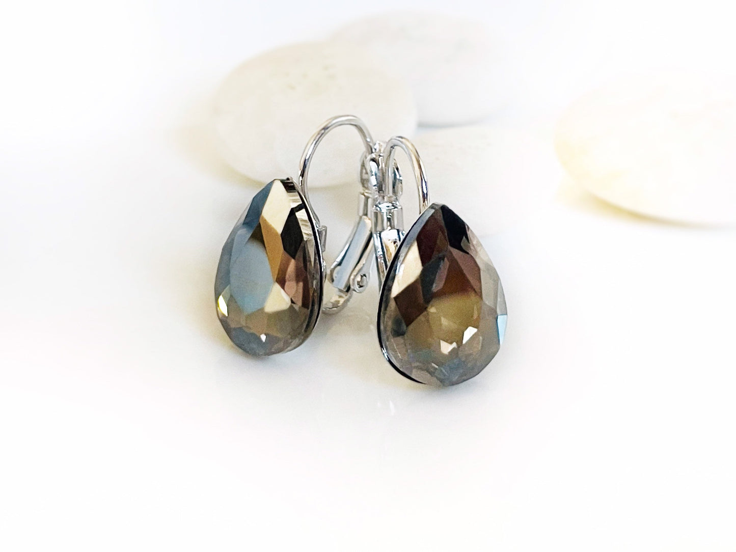 Black Diamond fancy crystal leverback stud earrings, teardrop crystal studs, black solitaire stud lever backs, gift for mom, bridal earrings