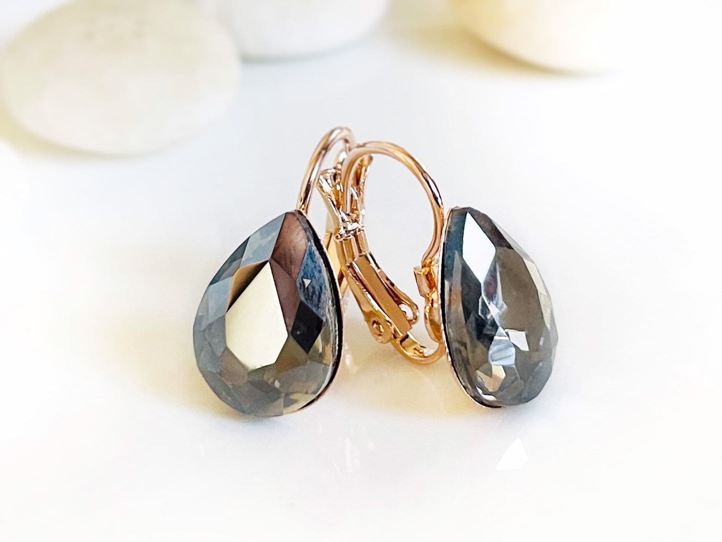 Black Diamond fancy crystal leverback stud earrings, teardrop crystal studs, black solitaire stud lever backs, gift for mom, bridal earrings