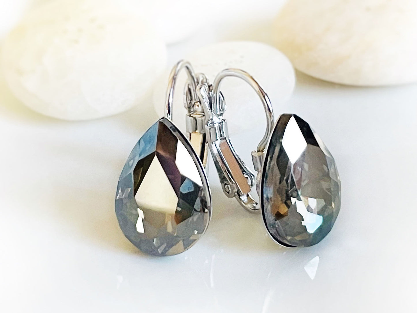 Black Diamond Stud earrings, teardrop fancy crystal studs, black solitaire stud lever backs, gift for mom, bridal earrings