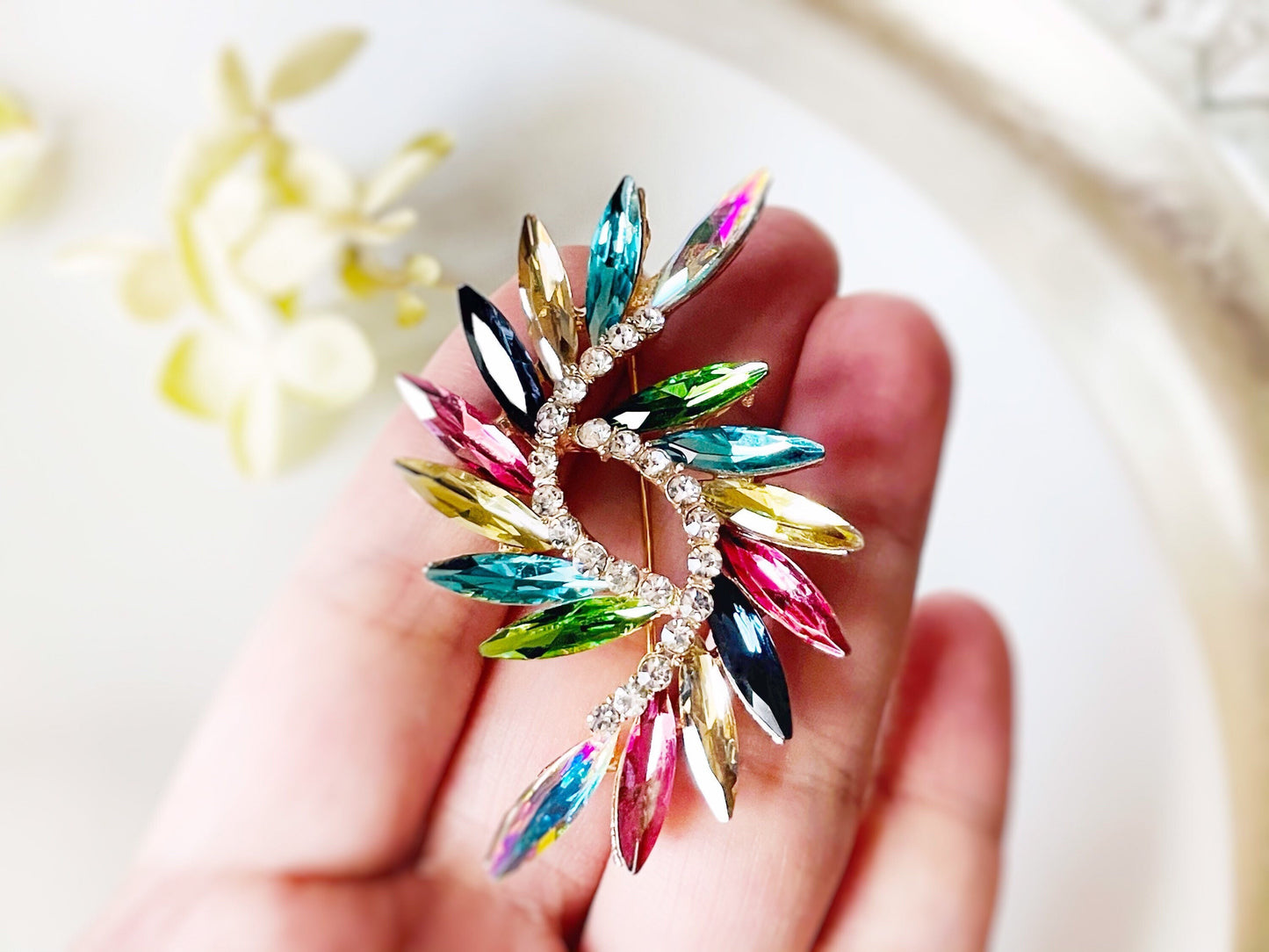 Multicolored crystal bouquet brooch pin, rainbow fancy crystal brooch, crystal statement brooch, gift for her, gift for mom