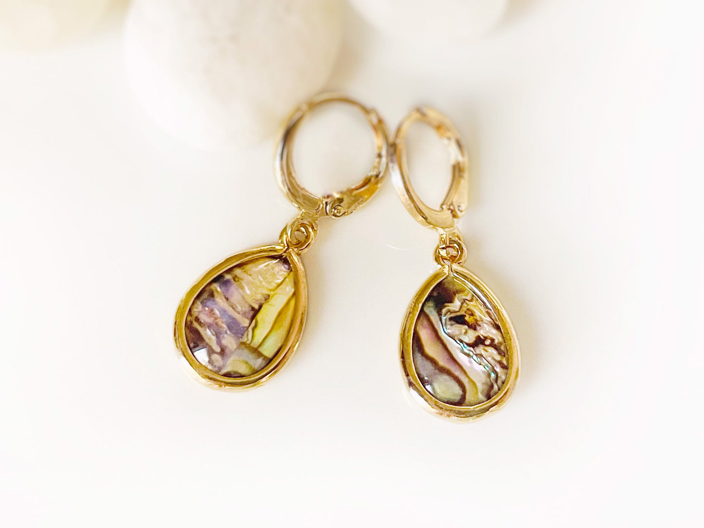 Teardrop black abalone dangle earring 14K gold, dark color abalone drop huggie earrings, gift mom, give for her