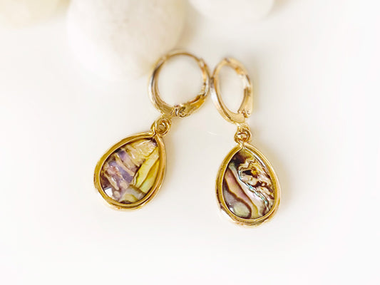 Teardrop black abalone dangle earring 14K gold, dark color abalone drop huggie earrings, gift mom, give for her