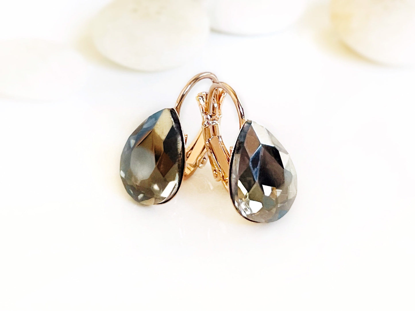 Black Diamond fancy crystal leverback stud earrings, teardrop crystal studs, black solitaire stud lever backs, gift for mom, bridal earrings