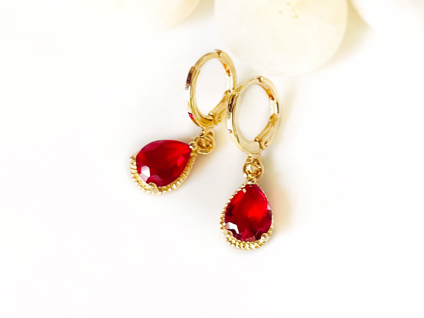 Ruby teardrop gemstone huggie dangle earrings, small red gemstone bezel earrings, gift for her, gift for daughter, July birthstone