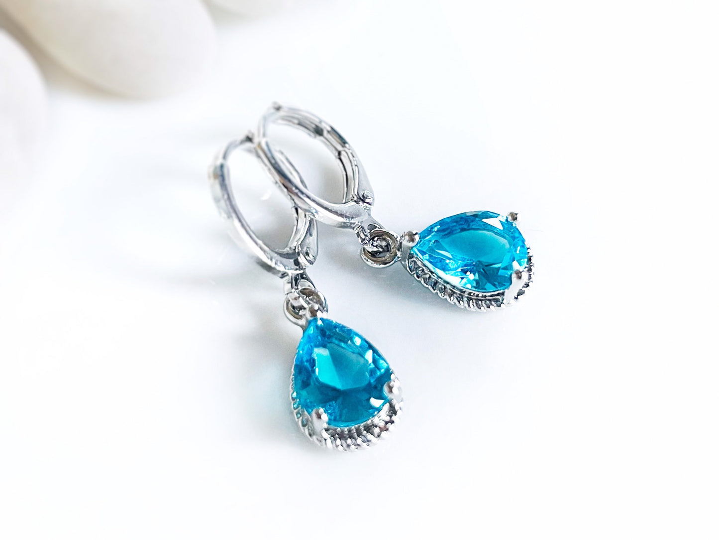 Blue topaz teardrop bezel dangle earrings, small blue gemstone earrings, gift for her, gift for girl, December birthstones,