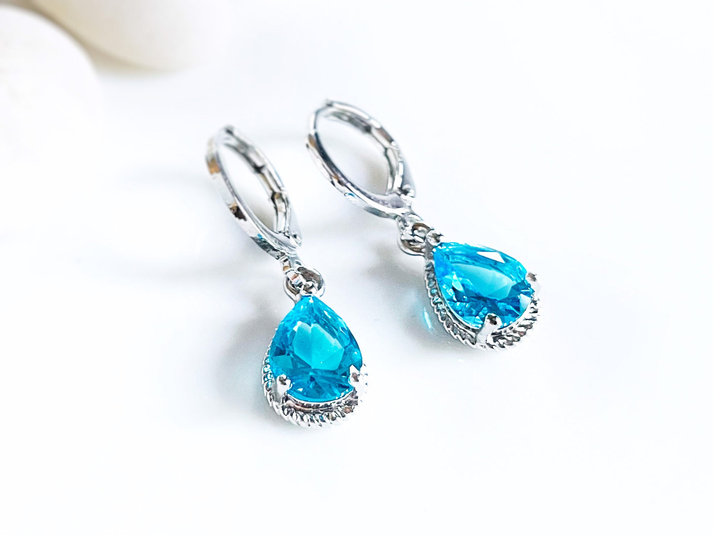 Blue topaz teardrop bezel dangle earrings, small blue gemstone earrings, gift for her, gift for girl, December birthstones,