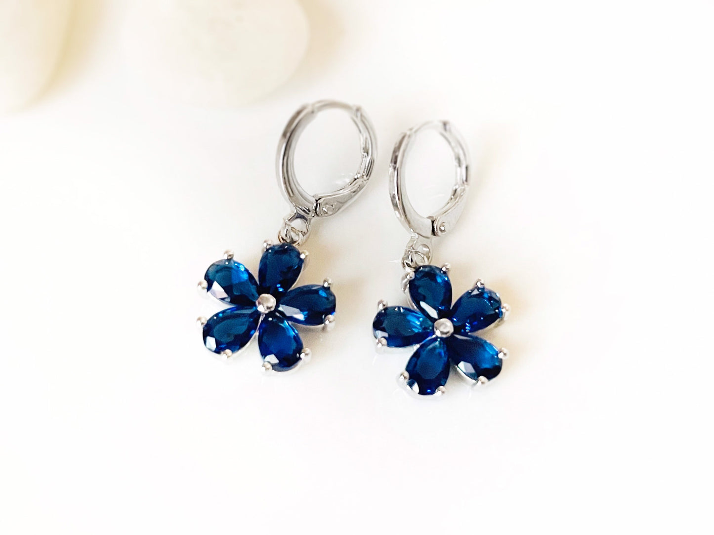 Sapphire flower dangle earrings, sapphire blue gemstone earrings necklace 2pc jewelry set, September birthstone earrings, gift for her