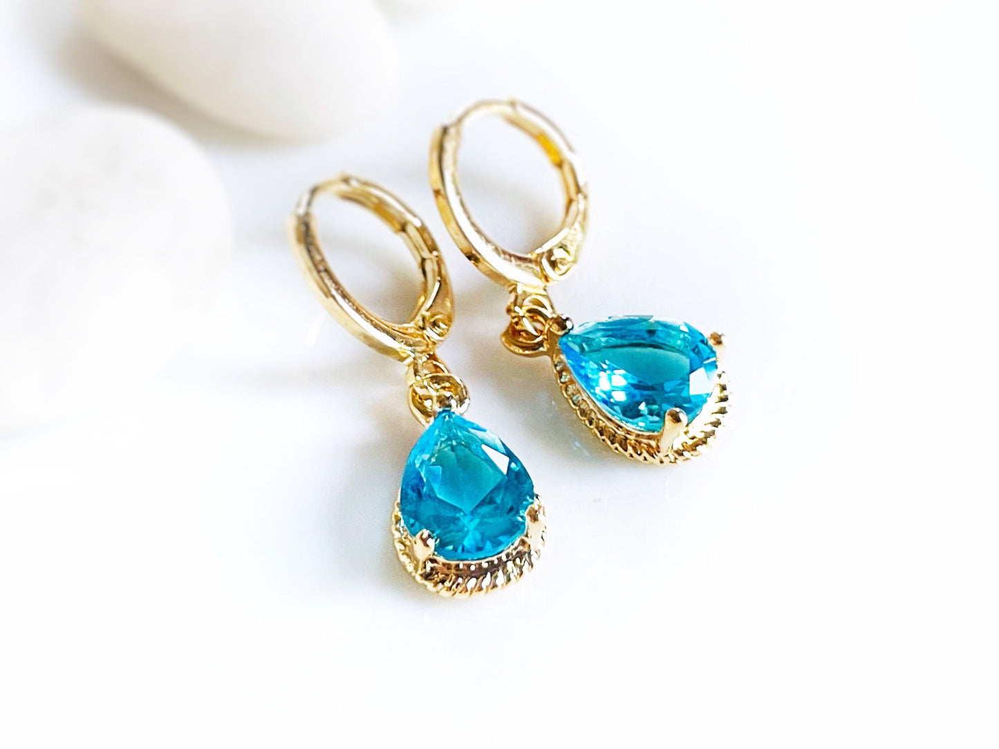 Blue topaz teardrop bezel dangle earrings, small blue gemstone earrings, gift for her, gift for girl, December birthstones,
