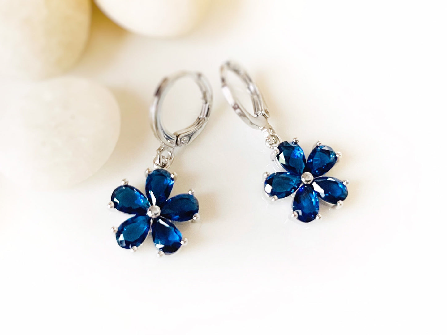 Sapphire flower dangle earrings, sapphire blue gemstone earrings necklace 2pc jewelry set, September birthstone earrings, gift for her