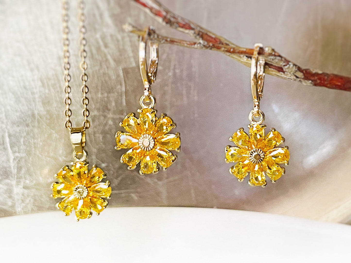 Citrine flower 2pc jewelry set, yellow gemstone daisy flower dangle earrings, citrine yellow earring necklace gift set, November birthstone
