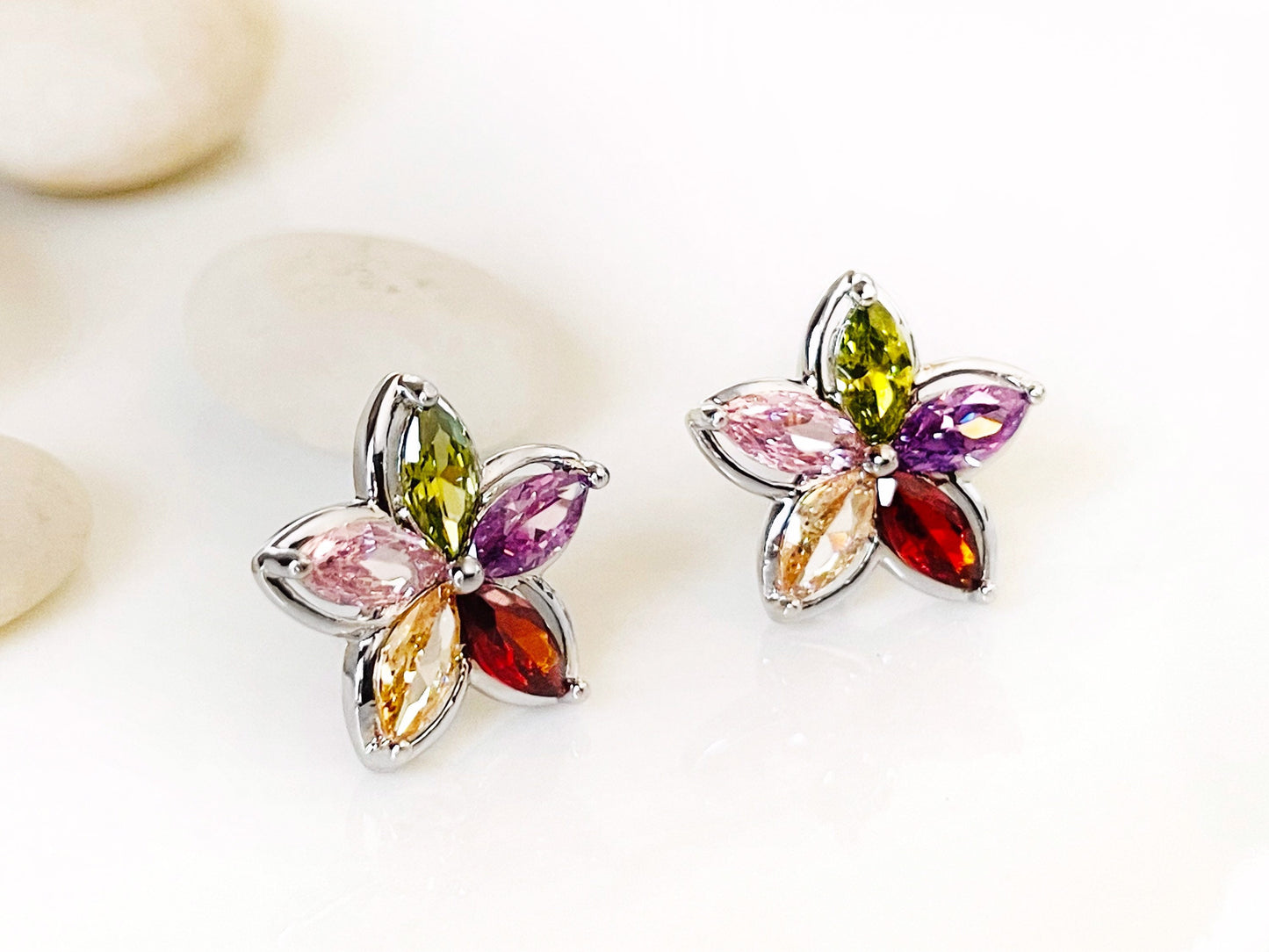 Multicolored flower stud earrings white gold, rainbows gemstone flower earrings, gift for her, gift for daughter