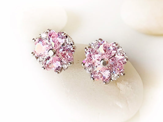Small pink sapphire flower stud earrings, pink gemstone flower stud earring, October birthstone, gift for mom, gift for her