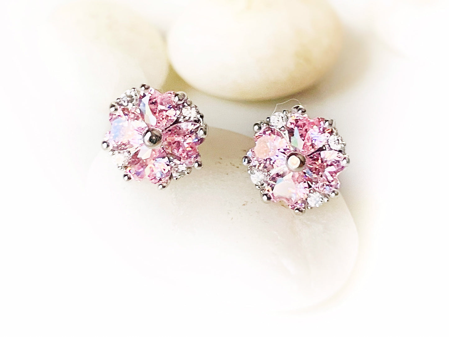 Small pink sapphire flower stud earrings, pink gemstone flower stud earring, October birthstone, gift for mom, gift for her