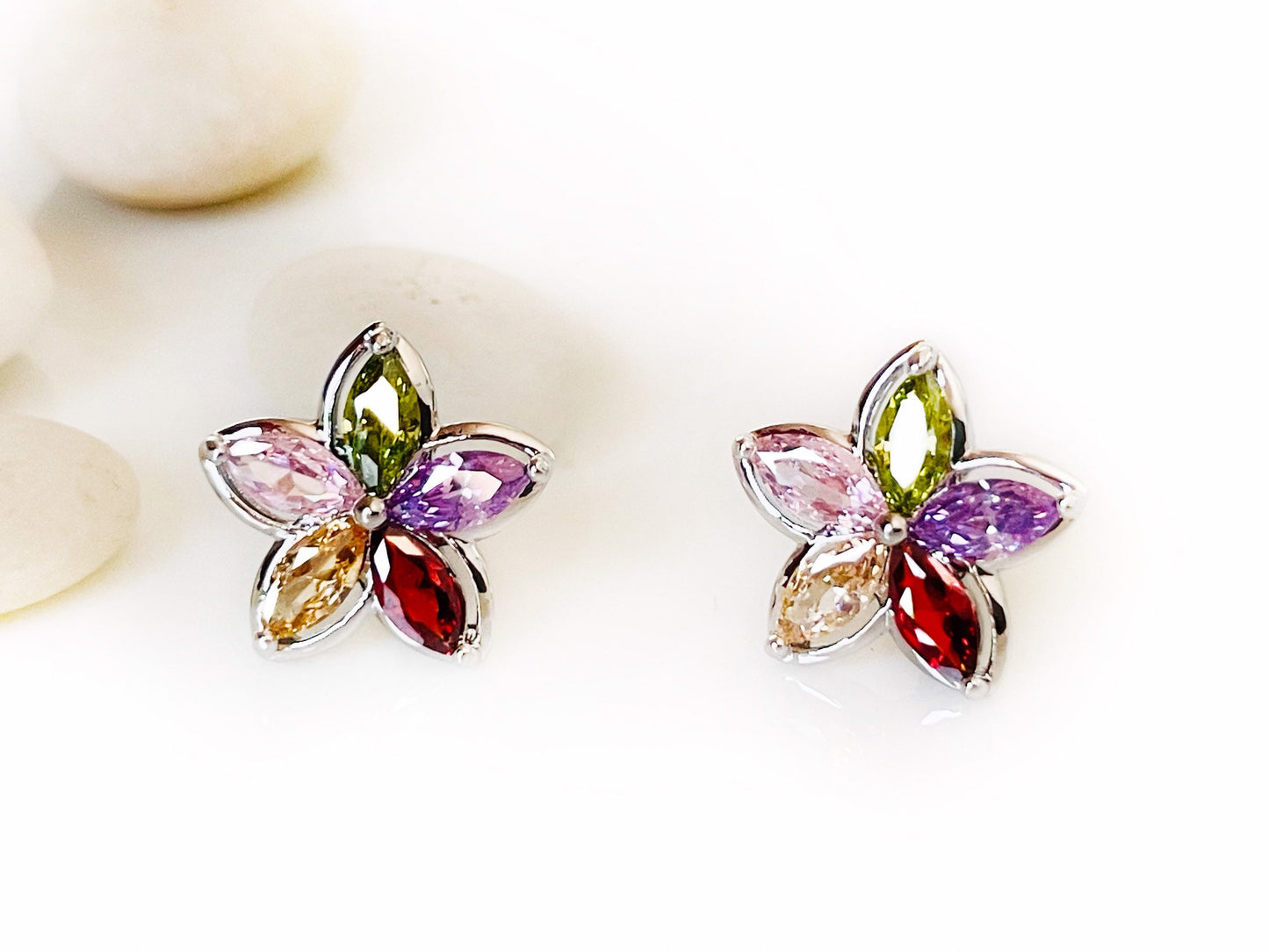 Multicolored flower stud earrings white gold, rainbows gemstone flower earrings, gift for her, gift for daughter