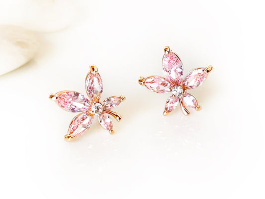 Pink sapphire maple leaf stud earrings, pink gemstone cluster earrings, gift for her, gift for mom, October birthstone