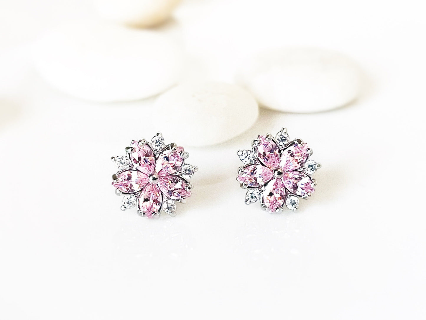 Pink sapphire flower stud earring in 18K white gold, small pink gemstone flower stud earring, October birthstone, gift for mom, gift for her
