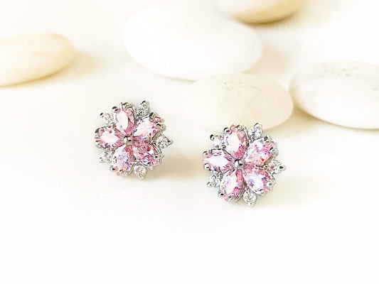 Pink sapphire flower stud earring in 18K white gold, small pink gemstone flower stud earring, October birthstone, gift for mom, gift for her