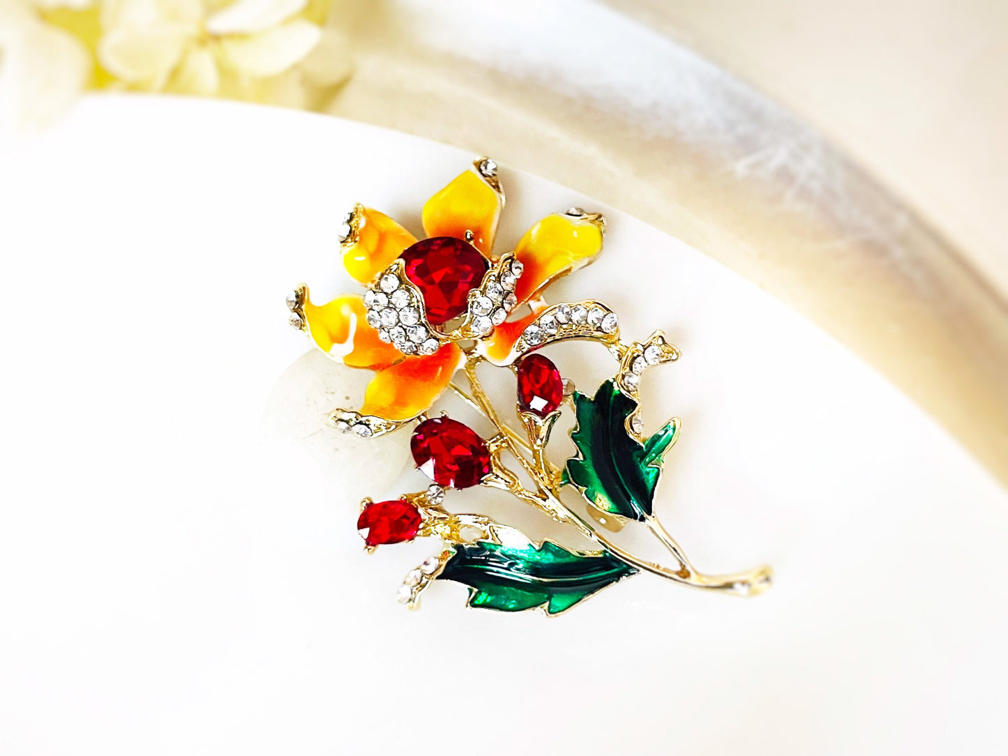 Sunflower crystals enamel brooch pin, blue sapphire crystal yellow flower brooch, red crystal yellow daisy pin, gift for her, gift for mom