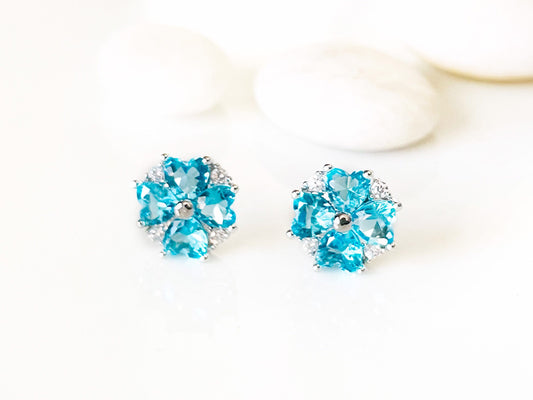 Small blue topaz flower stud earrings, blue gemstone flower stud earring, December birthstone, gift for mom, gift for her