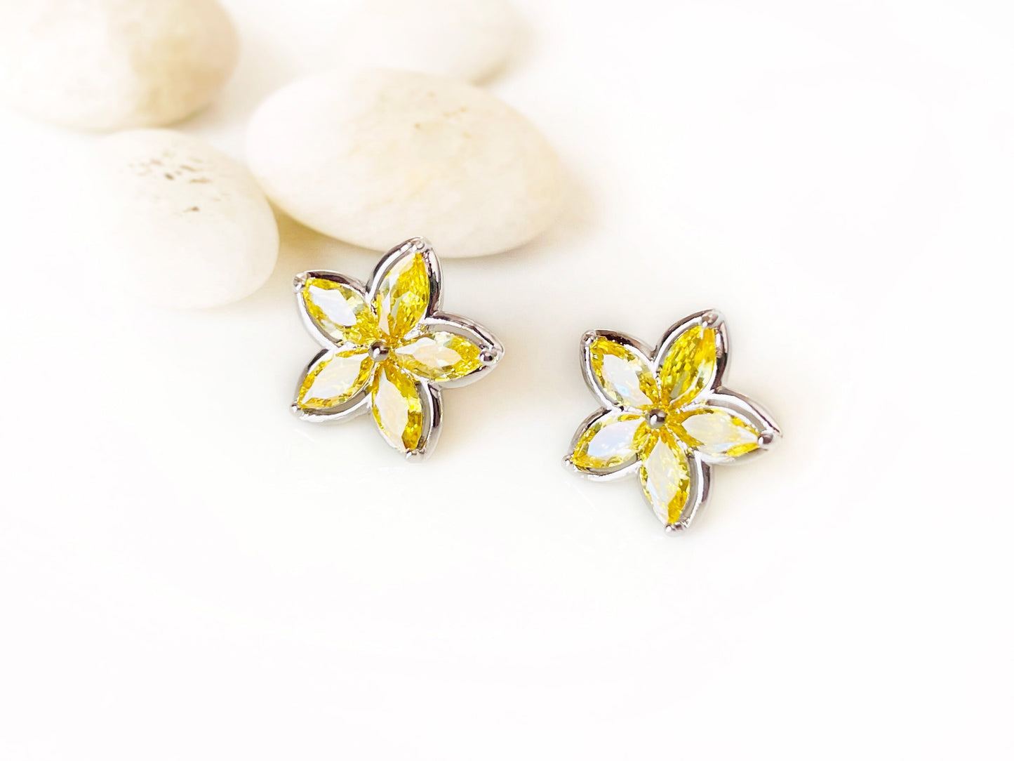 Citrine flower stud earrings white gold, yellow gemstone flower earrings, gift for her, gift for daughter, November birthstone