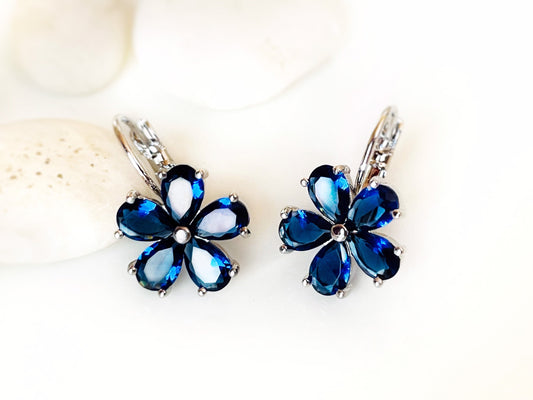 Sapphire flower lever back dangle earrings, dark blue gemstone flower drop earrings, Sept birthstone earrings, gift for her, gift for mom